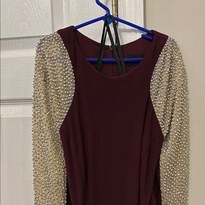 Elegant Burgundy Dress with flesh tone rhinestone Sleeves